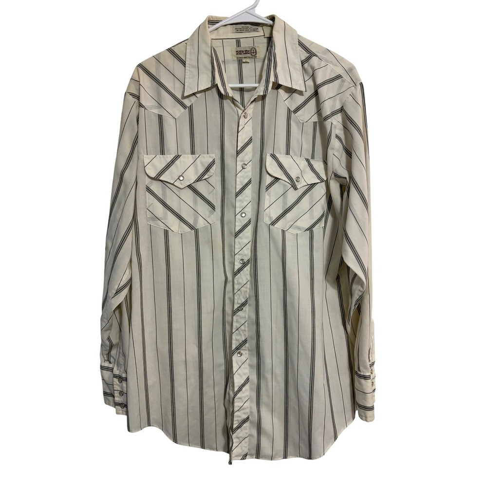 Sheplers Western Shirt Pearl Snap Striped Cream Black Vintage Large‎ Cowpoke 90s